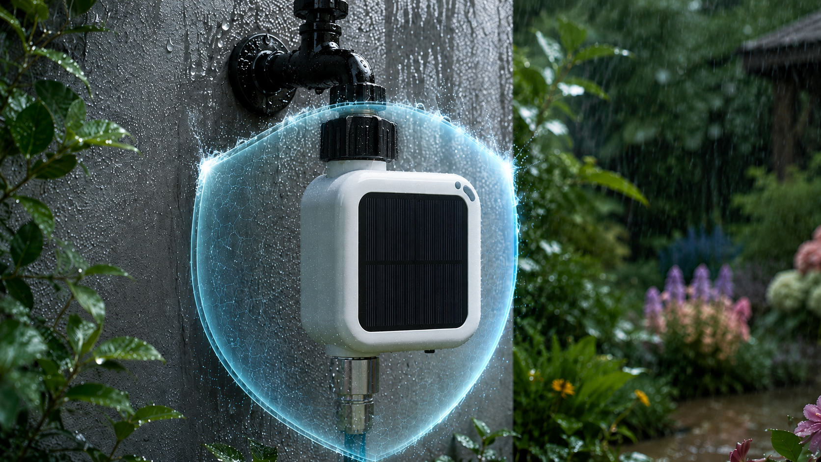Pixie 2nd Gen protected in a rainy outdoor garden scene.