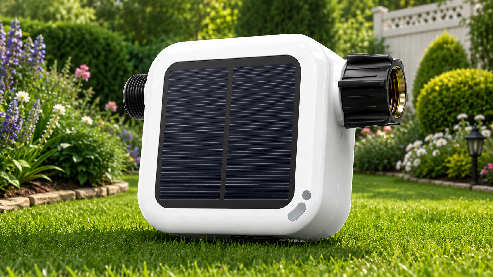 Pixie 2nd Gen product render showing the solar panel and hose connectors.