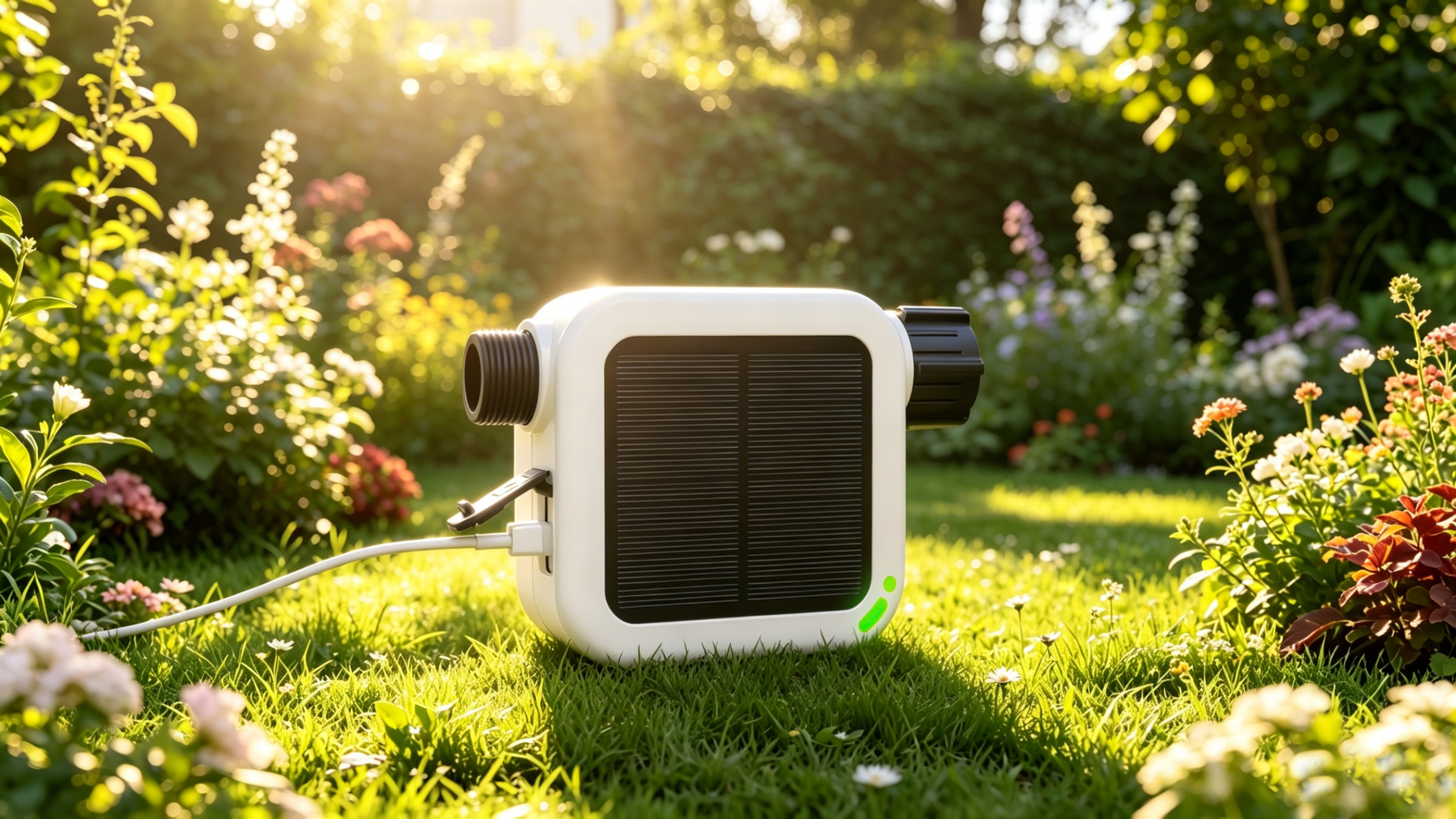 Pixie 2nd Gen connected to plug-in power in a sunny garden.