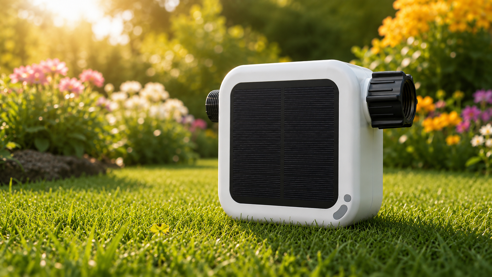Pixie 2nd Gen charging by sunlight on a garden lawn.