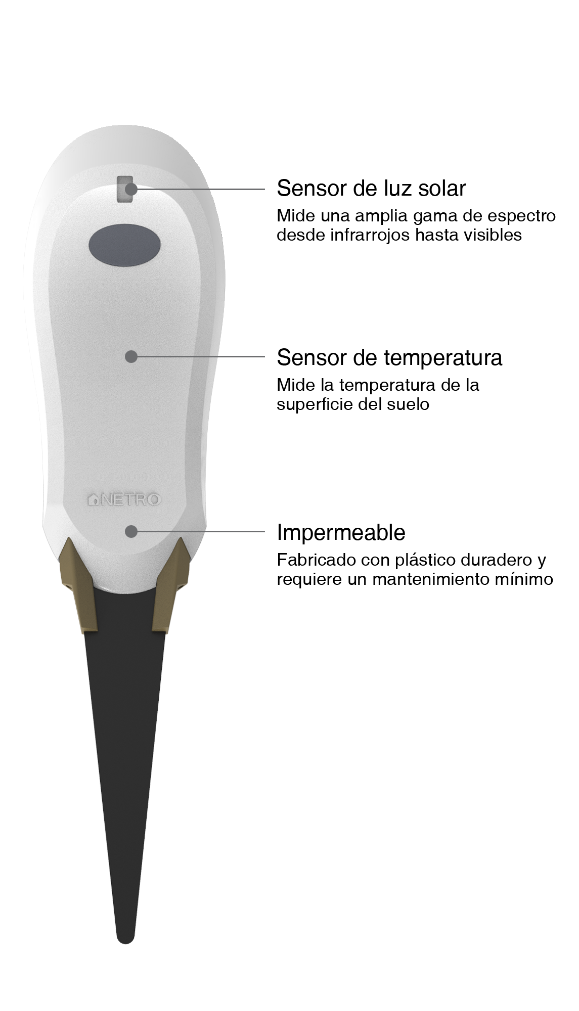 Netro Whisperer Gen2 equipped with sunlight sensor that measures a wide range of spectrum from infrared to visible. Netro Whisperer equipped with temperature sensor that measures ground surface temperature. The Netro Whisperer is waterproof.
